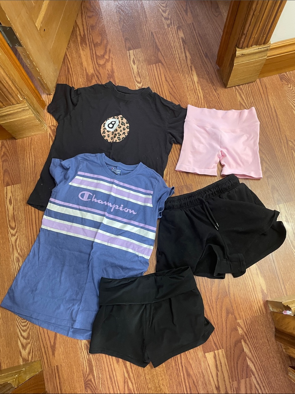 Champion Blue Striped Short-Sleeve Camo 8 ball Shirt, with tight and sweatshorts